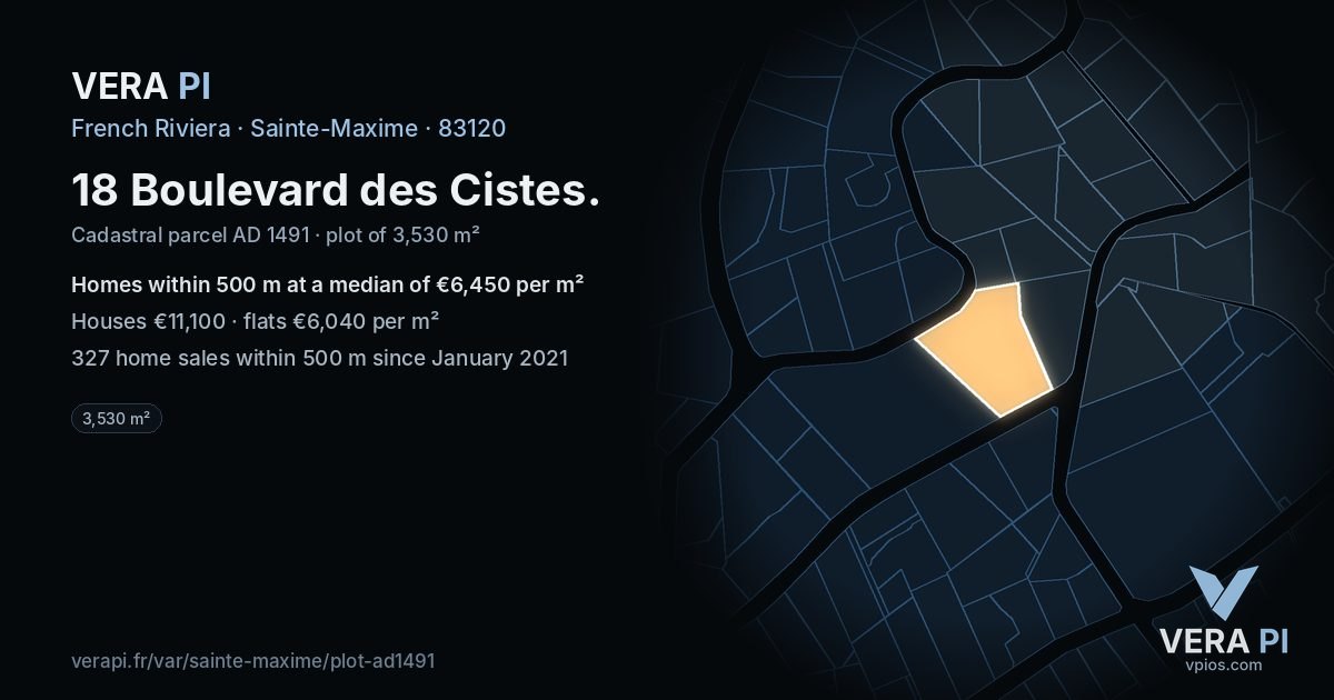 18 Boulevard des Cistes, Sainte-Maxime at night – the plot lit, the parcels around coloured by the prices near them