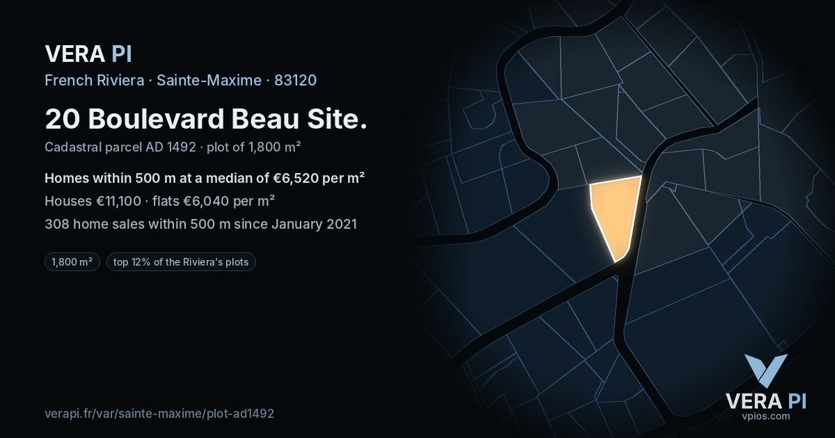20 Boulevard Beau Site, Sainte-Maxime at night – the plot lit, the parcels around coloured by the prices near them