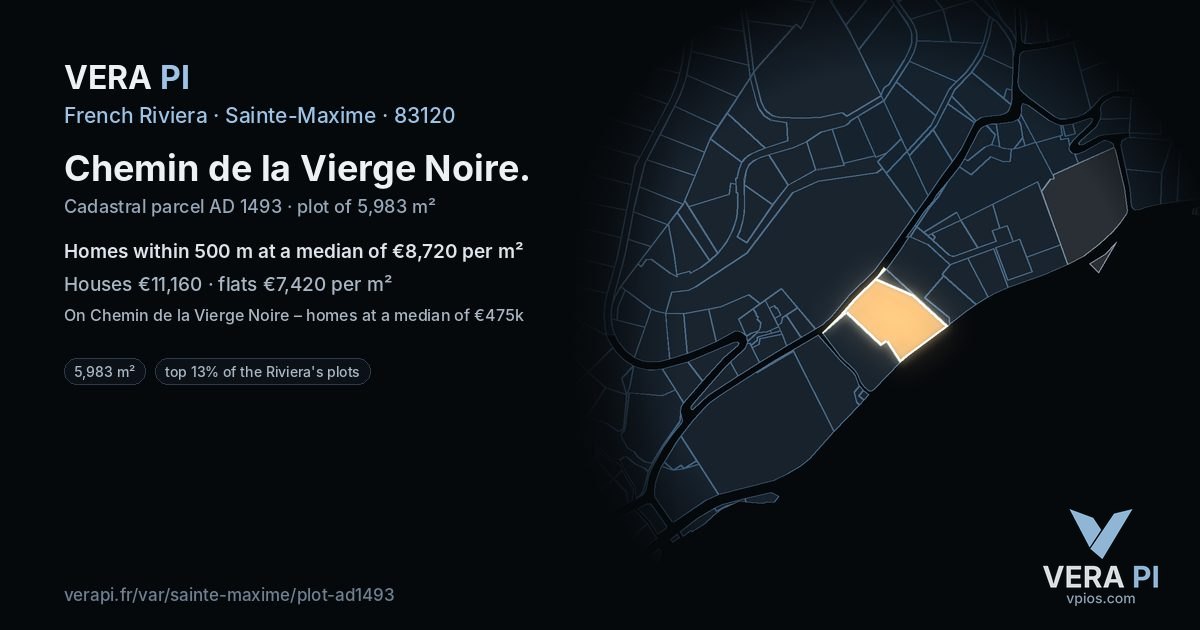 Chemin de la Vierge Noire, Sainte-Maxime at night – the plot lit, the parcels around coloured by the prices near them