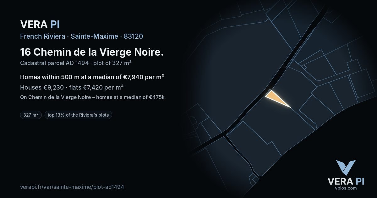 16 Chemin de la Vierge Noire, Sainte-Maxime at night – the plot lit, the parcels around coloured by the prices near them