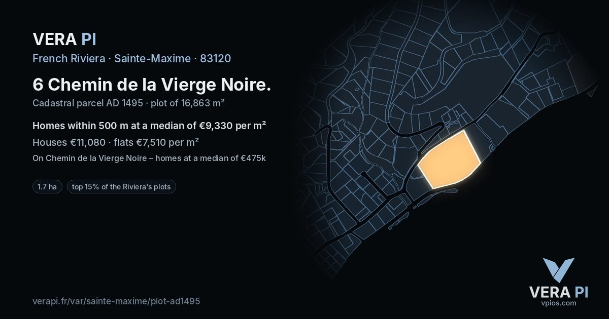 6 Chemin de la Vierge Noire, Sainte-Maxime at night – the plot lit, the parcels around coloured by the prices near them