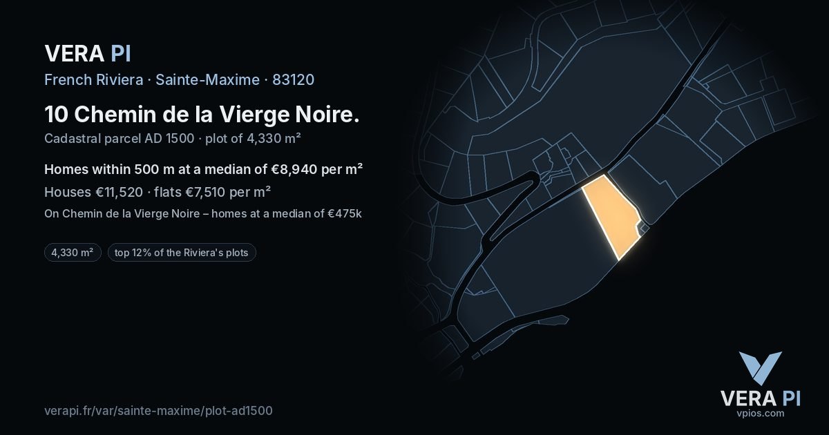 10 Chemin de la Vierge Noire, Sainte-Maxime at night – the plot lit, the parcels around coloured by the prices near them