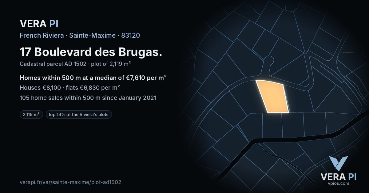 17 Boulevard des Brugas, Sainte-Maxime at night – the plot lit, the parcels around coloured by the prices near them