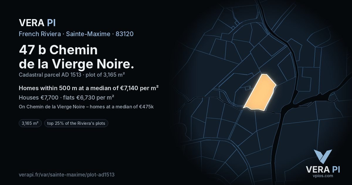 47 b Chemin de la Vierge Noire, Sainte-Maxime at night – the plot lit, the parcels around coloured by the prices near them
