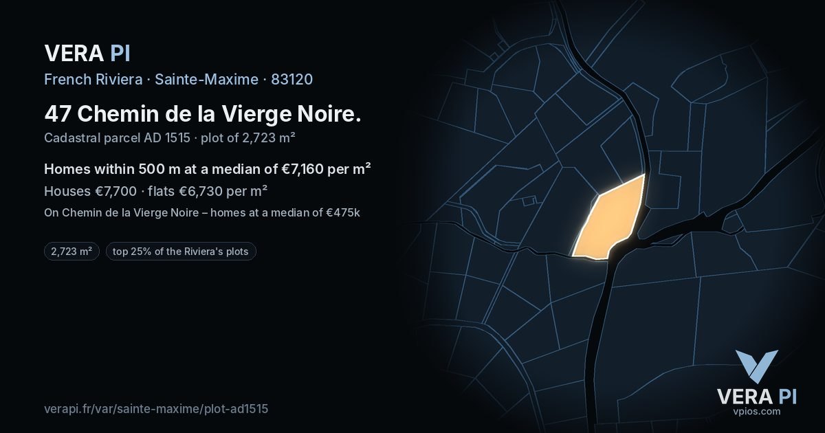47 Chemin de la Vierge Noire, Sainte-Maxime at night – the plot lit, the parcels around coloured by the prices near them