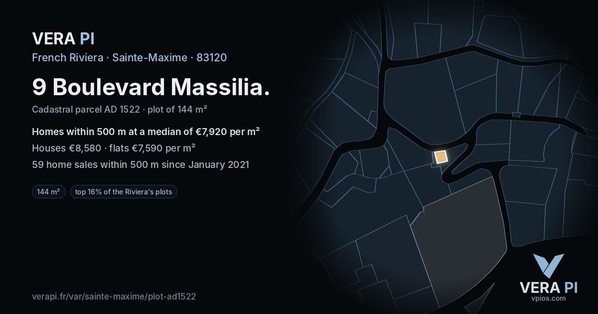 9 Boulevard Massilia, Sainte-Maxime at night – the plot lit, the parcels around coloured by the prices near them