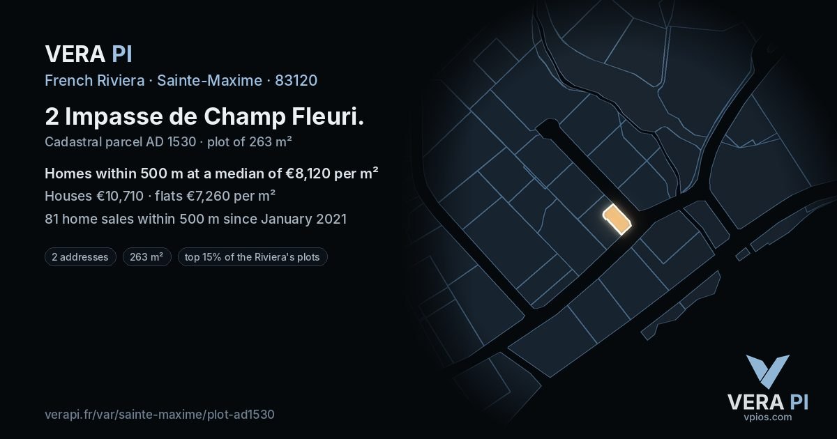 2 Impasse de Champ Fleuri, Sainte-Maxime at night – the plot lit, the parcels around coloured by the prices near them