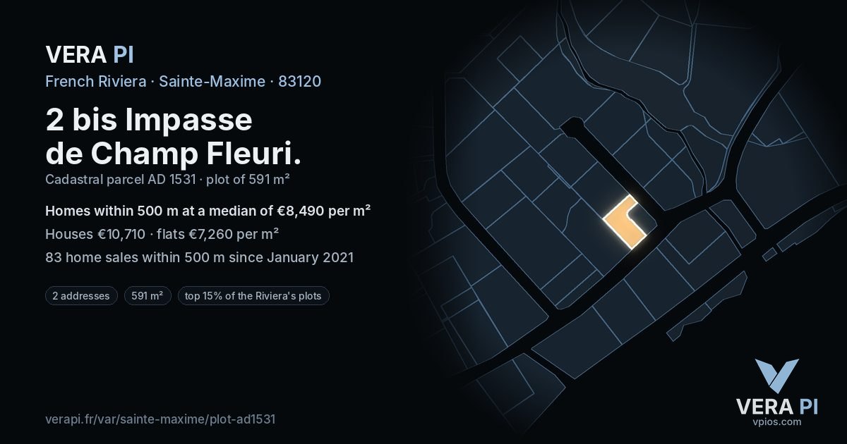 2 bis Impasse de Champ Fleuri, Sainte-Maxime at night – the plot lit, the parcels around coloured by the prices near them