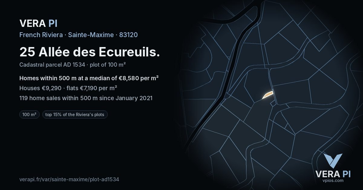25 Allée des Ecureuils, Sainte-Maxime at night – the plot lit, the parcels around coloured by the prices near them