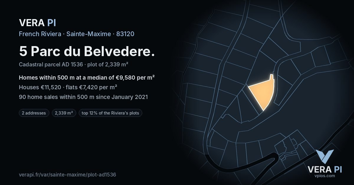 5 Parc du Belvedere, Sainte-Maxime at night – the plot lit, the parcels around coloured by the prices near them