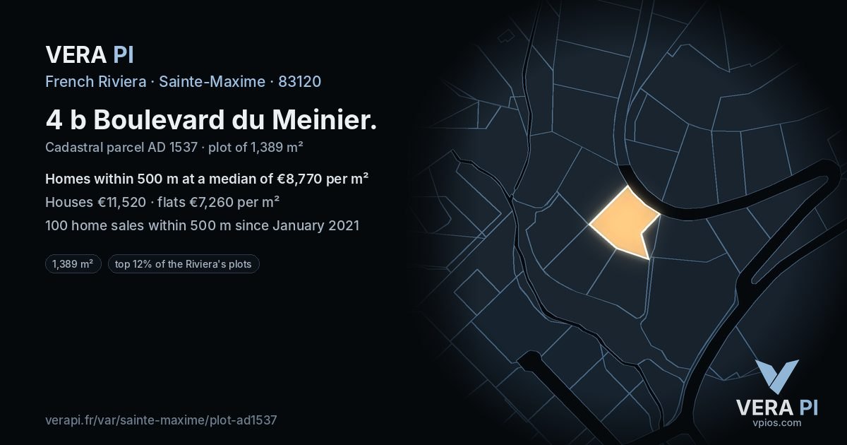 4 b Boulevard du Meinier, Sainte-Maxime at night – the plot lit, the parcels around coloured by the prices near them