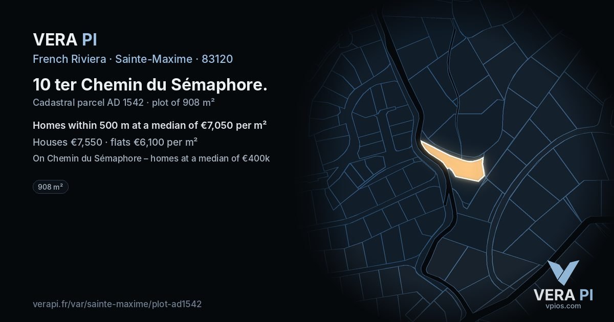 10 ter Chemin du Sémaphore, Sainte-Maxime at night – the plot lit, the parcels around coloured by the prices near them
