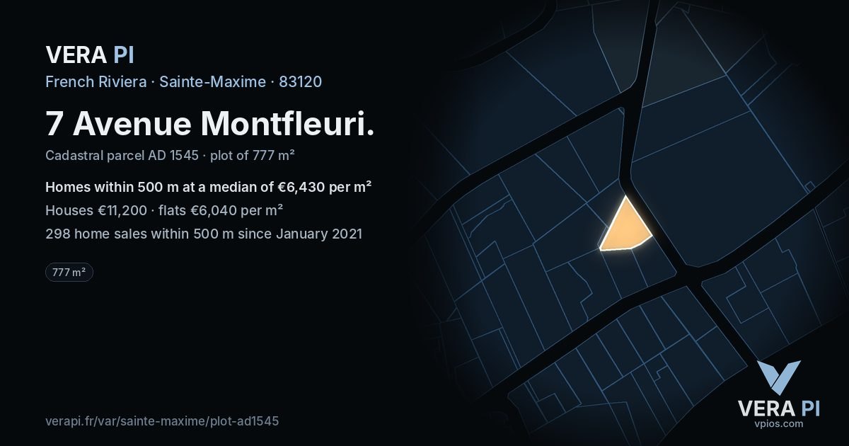 7 Avenue Montfleuri, Sainte-Maxime at night – the plot lit, the parcels around coloured by the prices near them
