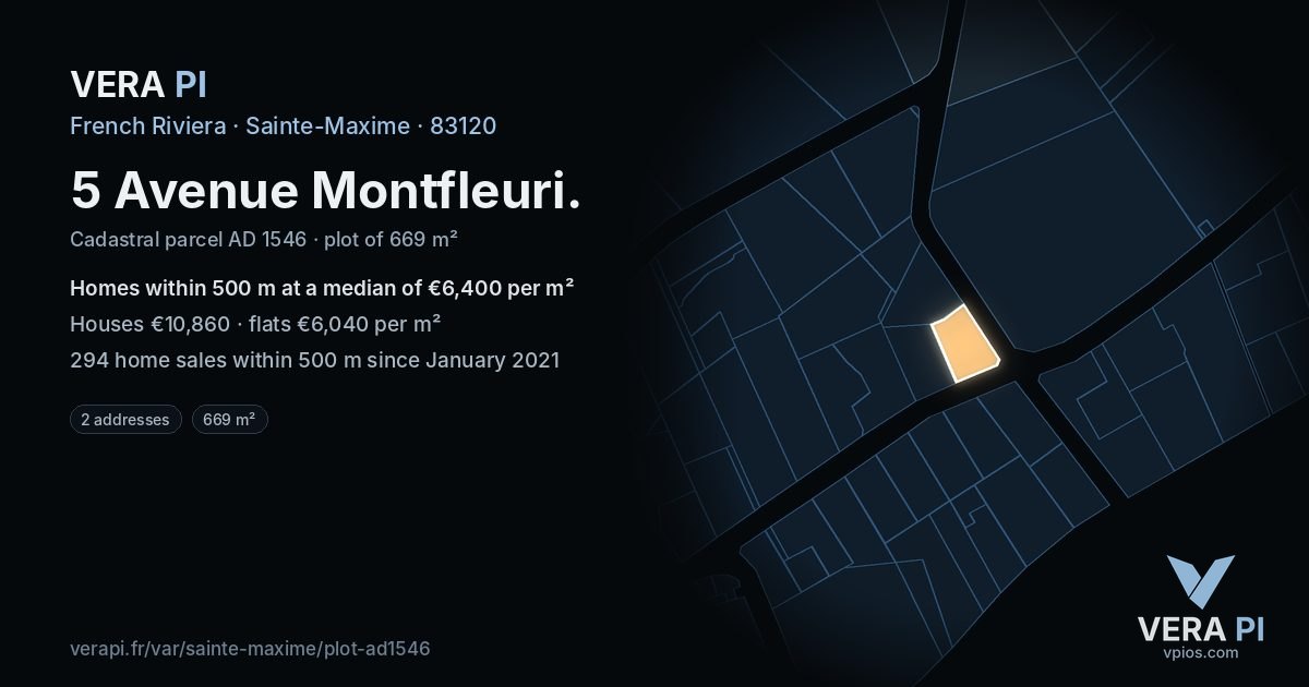 5 Avenue Montfleuri, Sainte-Maxime at night – the plot lit, the parcels around coloured by the prices near them