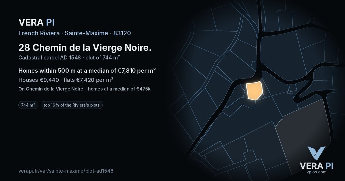 28 Chemin de la Vierge Noire, Sainte-Maxime at night – the plot lit, the parcels around coloured by the prices near them