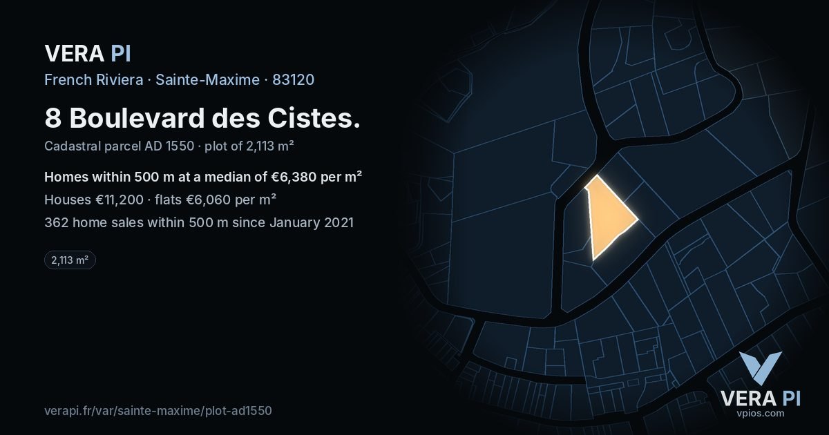 8 Boulevard des Cistes, Sainte-Maxime at night – the plot lit, the parcels around coloured by the prices near them