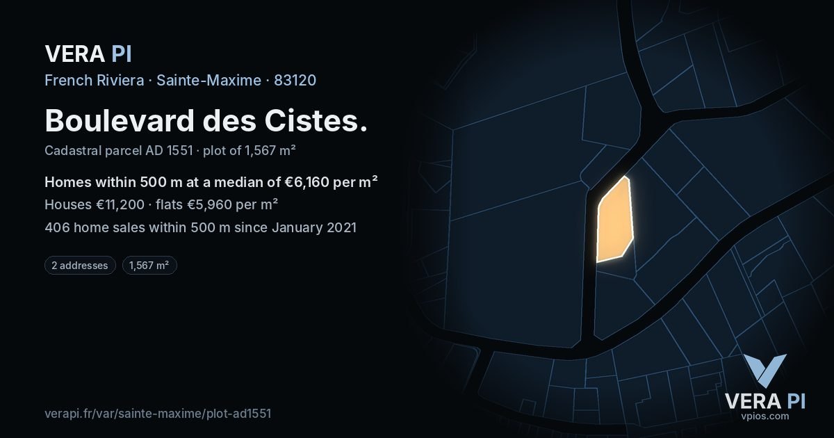 Boulevard des Cistes, Sainte-Maxime at night – the plot lit, the parcels around coloured by the prices near them