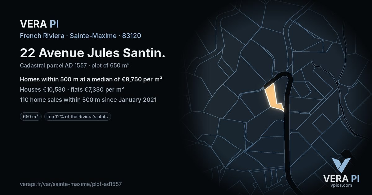 22 Avenue Jules Santin, Sainte-Maxime at night – the plot lit, the parcels around coloured by the prices near them