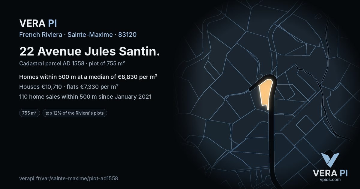 22 Avenue Jules Santin, Sainte-Maxime at night – the plot lit, the parcels around coloured by the prices near them