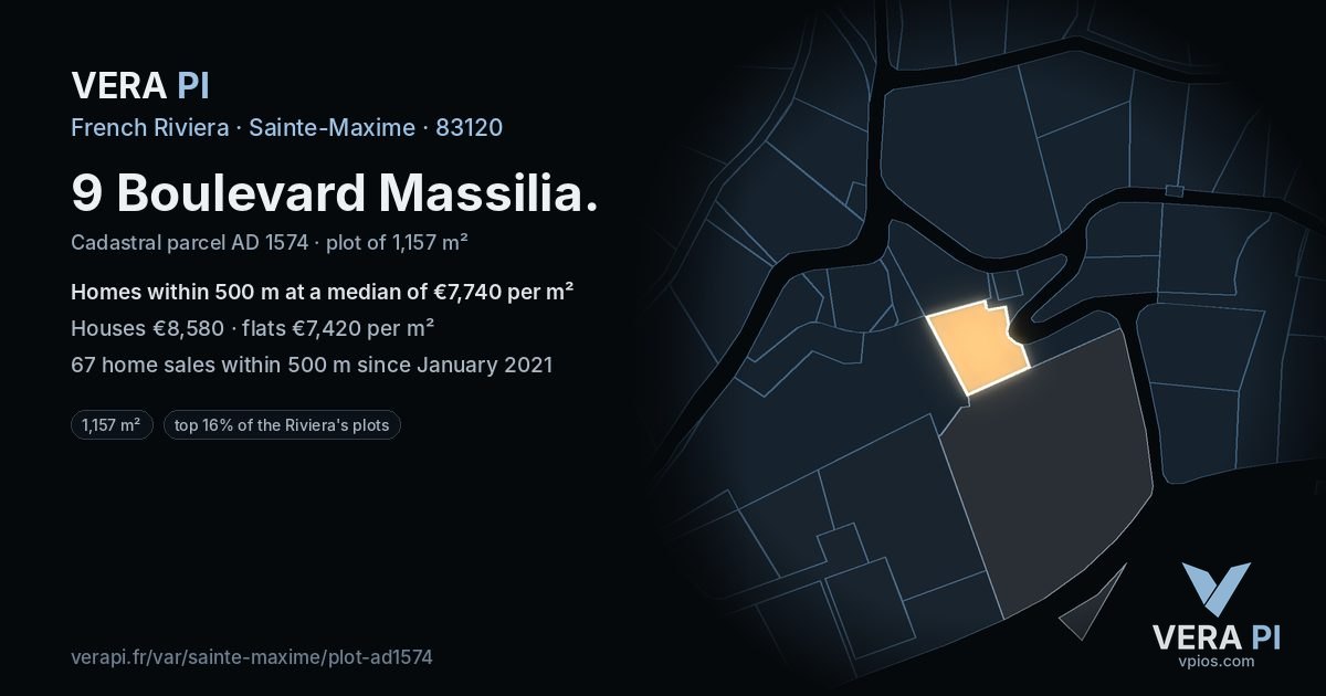 9 Boulevard Massilia, Sainte-Maxime at night – the plot lit, the parcels around coloured by the prices near them