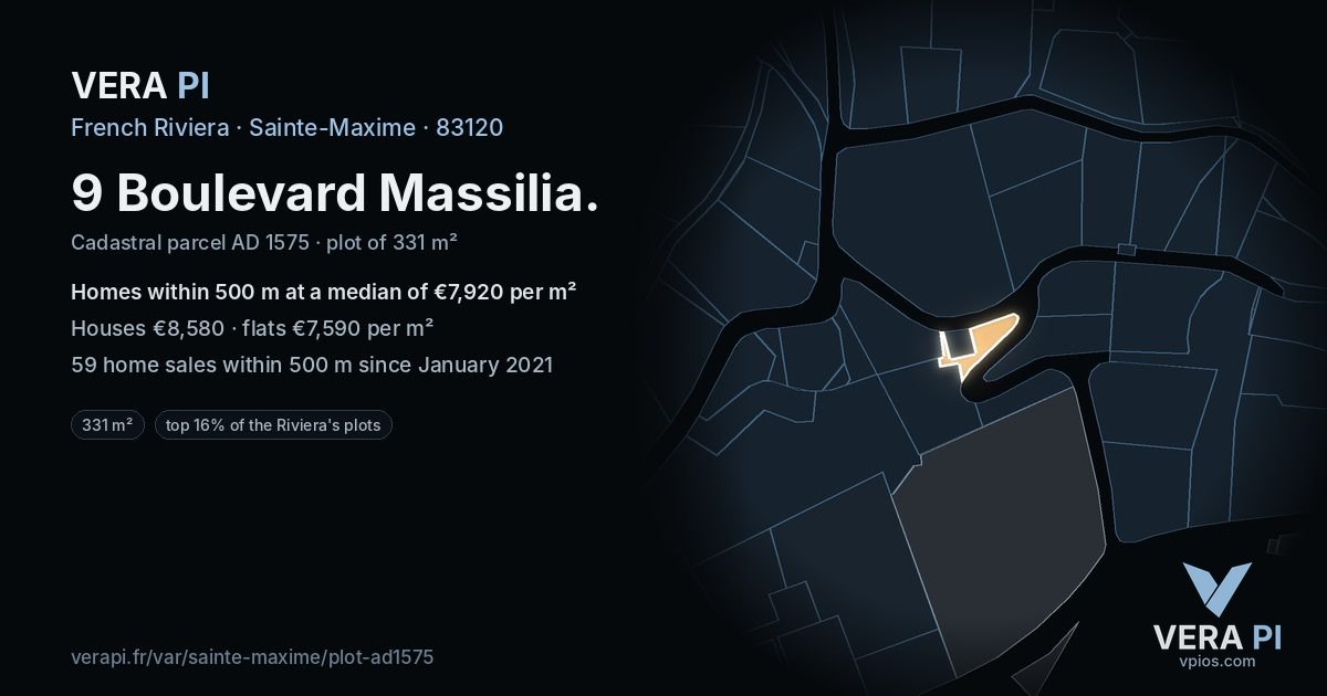 9 Boulevard Massilia, Sainte-Maxime at night – the plot lit, the parcels around coloured by the prices near them