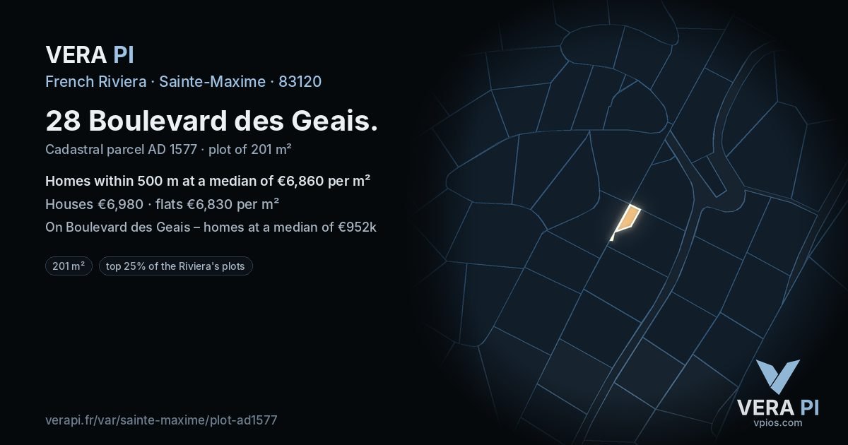 28 Boulevard des Geais, Sainte-Maxime at night – the plot lit, the parcels around coloured by the prices near them