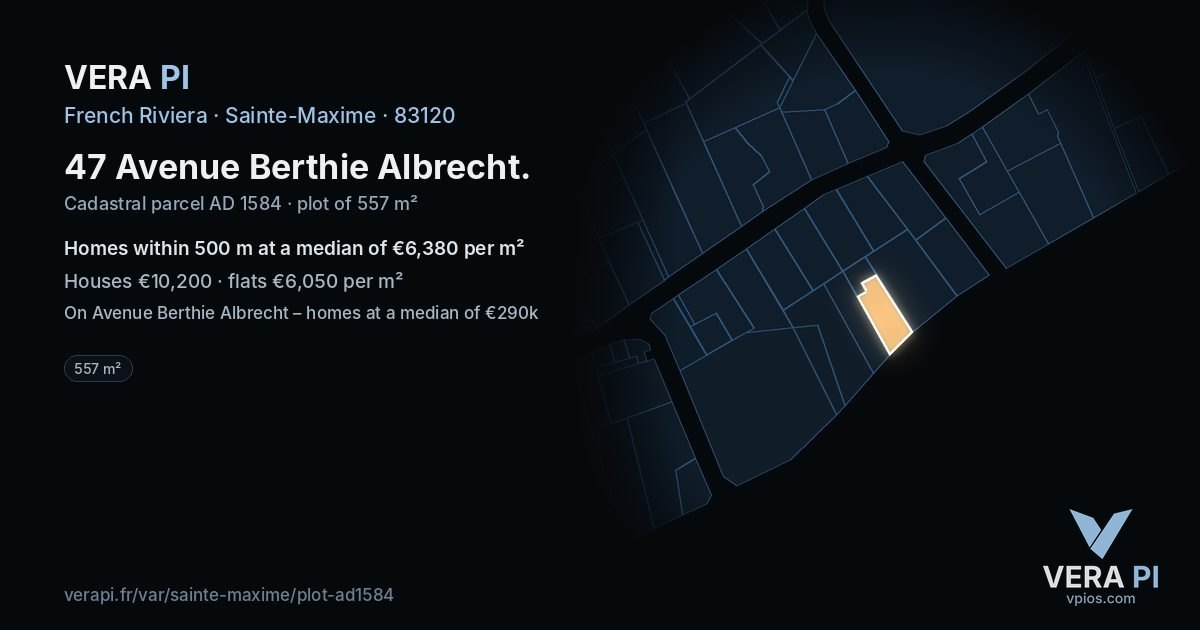 47 Avenue Berthie Albrecht, Sainte-Maxime at night – the plot lit, the parcels around coloured by the prices near them