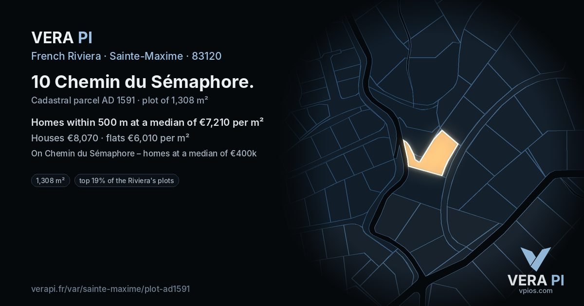 10 Chemin du Sémaphore, Sainte-Maxime at night – the plot lit, the parcels around coloured by the prices near them