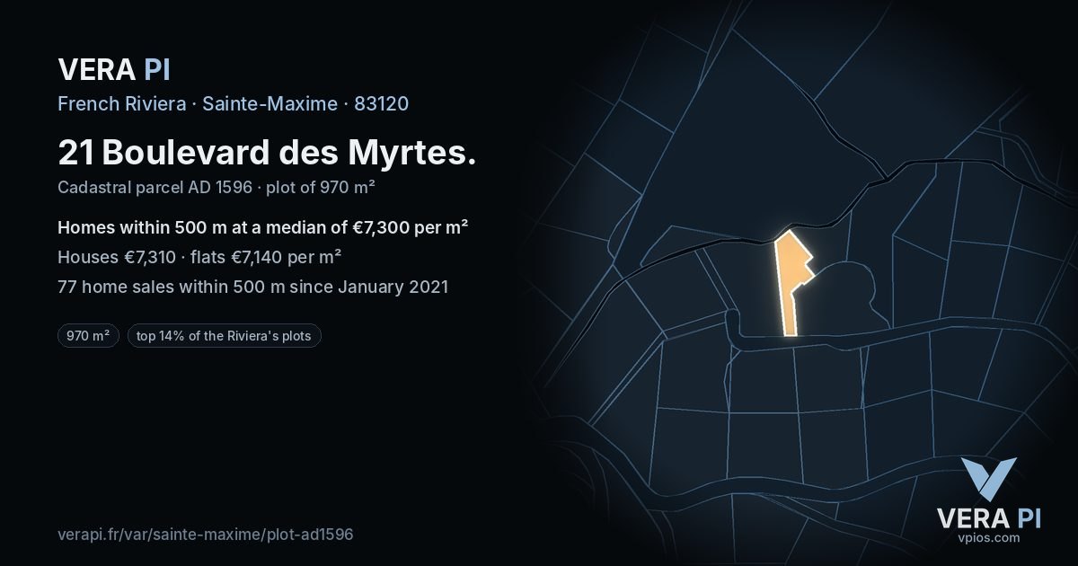 21 Boulevard des Myrtes, Sainte-Maxime at night – the plot lit, the parcels around coloured by the prices near them