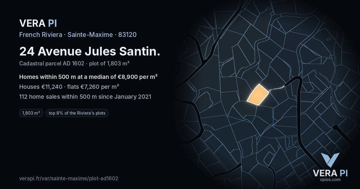 24 Avenue Jules Santin, Sainte-Maxime at night – the plot lit, the parcels around coloured by the prices near them