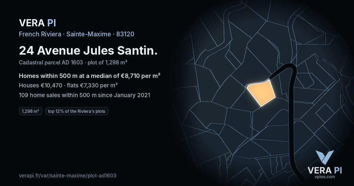 24 Avenue Jules Santin, Sainte-Maxime at night – the plot lit, the parcels around coloured by the prices near them