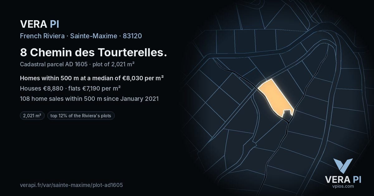 8 Chemin des Tourterelles, Sainte-Maxime at night – the plot lit, the parcels around coloured by the prices near them