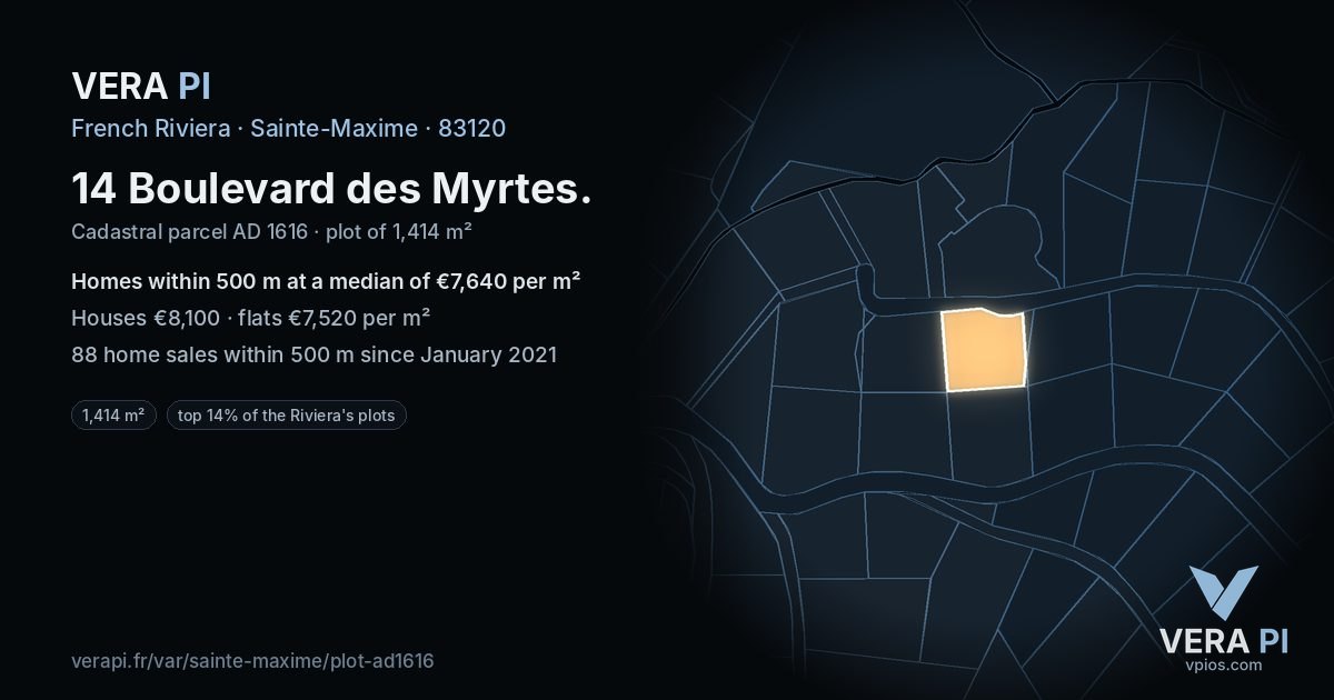 14 Boulevard des Myrtes, Sainte-Maxime at night – the plot lit, the parcels around coloured by the prices near them