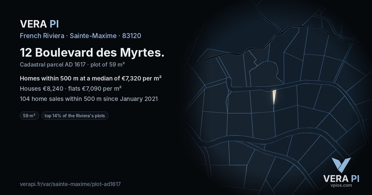 12 Boulevard des Myrtes, Sainte-Maxime at night – the plot lit, the parcels around coloured by the prices near them