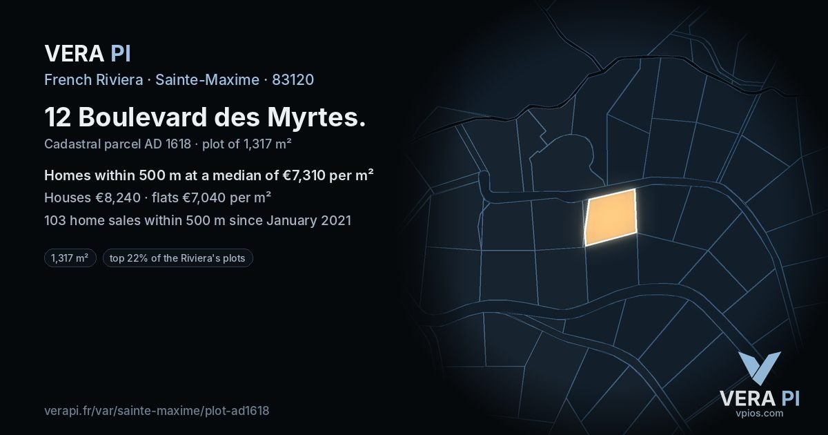 12 Boulevard des Myrtes, Sainte-Maxime at night – the plot lit, the parcels around coloured by the prices near them