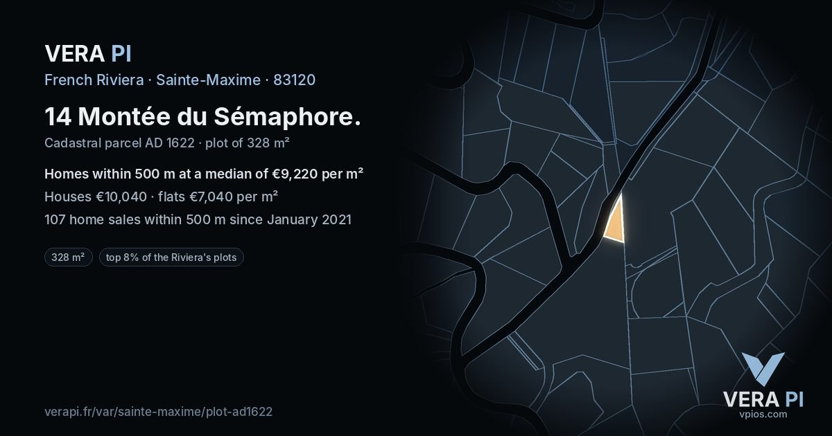 14 Montée du Sémaphore, Sainte-Maxime at night – the plot lit, the parcels around coloured by the prices near them