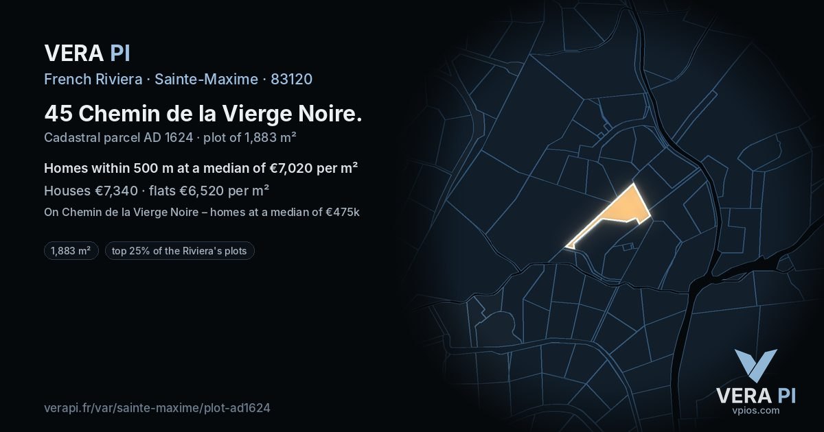 45 Chemin de la Vierge Noire, Sainte-Maxime at night – the plot lit, the parcels around coloured by the prices near them