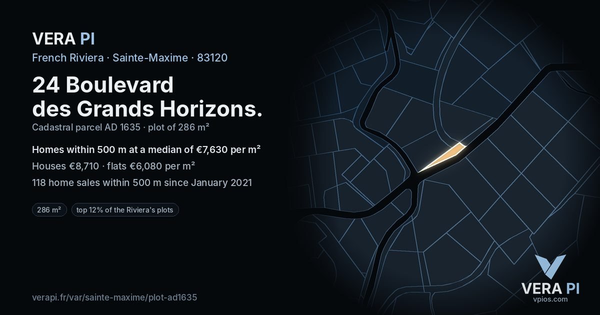 24 Boulevard des Grands Horizons, Sainte-Maxime at night – the plot lit, the parcels around coloured by the prices near them