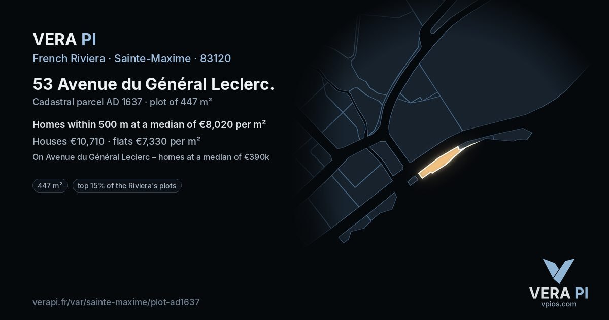 53 Avenue du Général Leclerc, Sainte-Maxime at night – the plot lit, the parcels around coloured by the prices near them