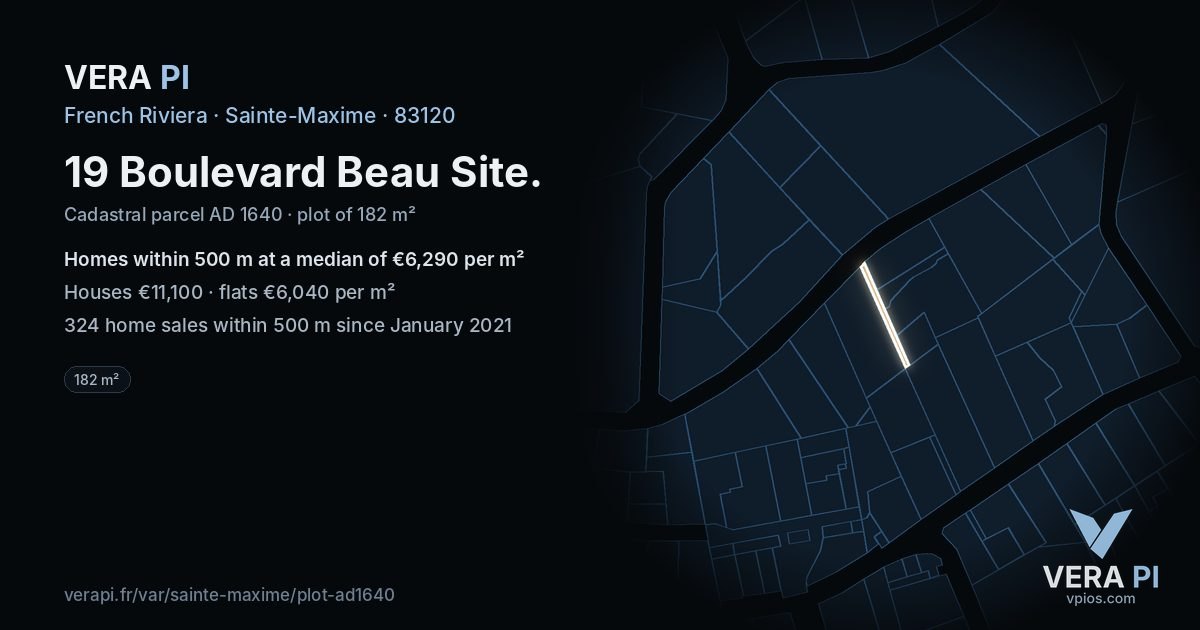 19 Boulevard Beau Site, Sainte-Maxime at night – the plot lit, the parcels around coloured by the prices near them