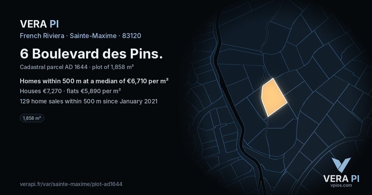 6 Boulevard des Pins, Sainte-Maxime at night – the plot lit, the parcels around coloured by the prices near them
