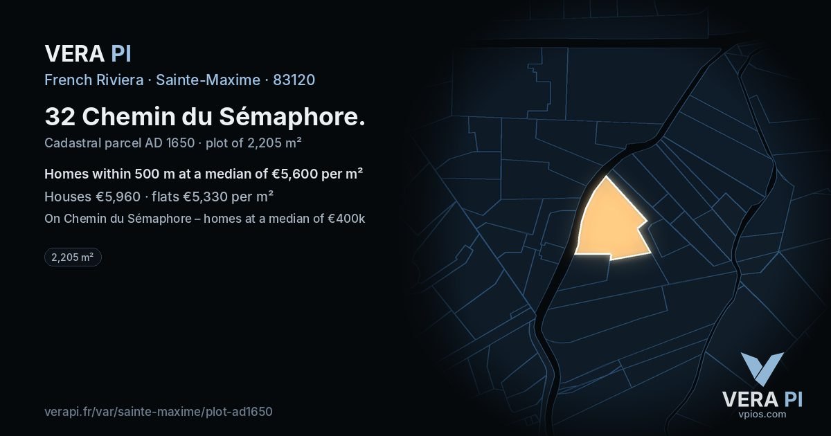 32 Chemin du Sémaphore, Sainte-Maxime at night – the plot lit, the parcels around coloured by the prices near them