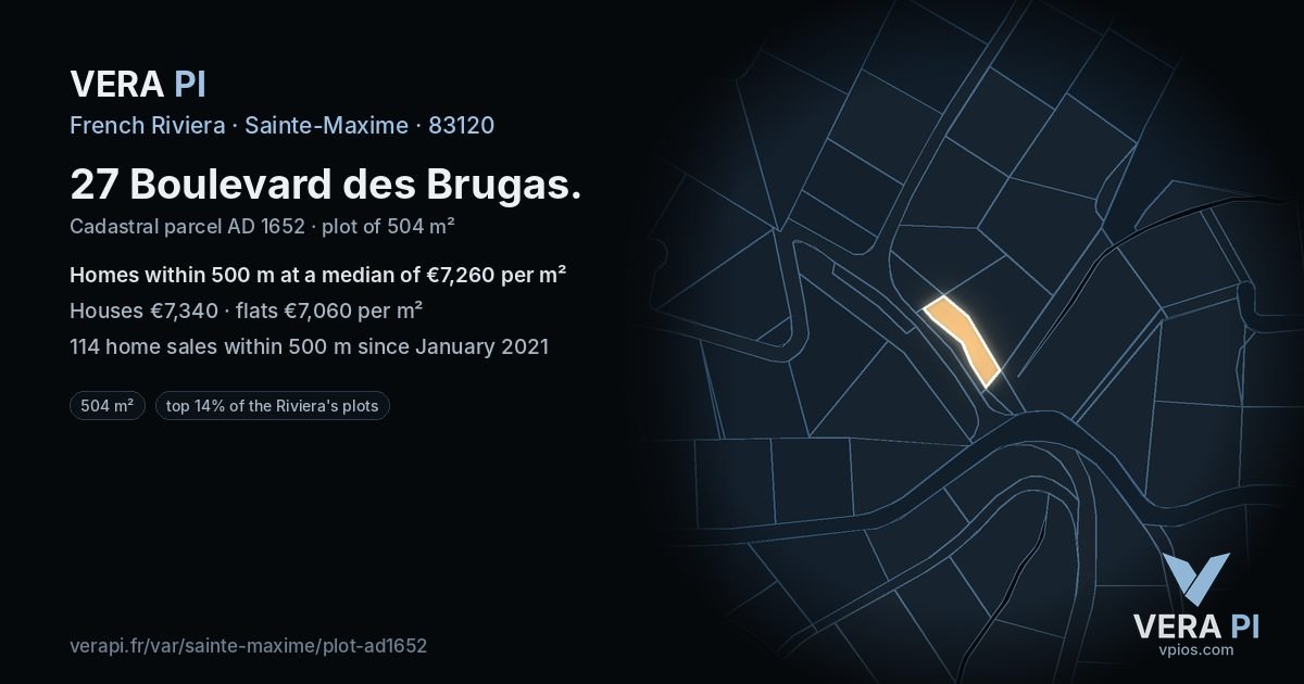 27 Boulevard des Brugas, Sainte-Maxime at night – the plot lit, the parcels around coloured by the prices near them