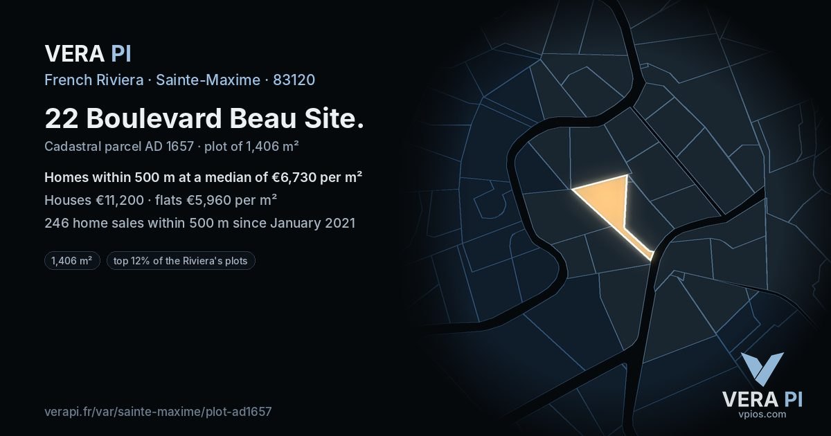 22 Boulevard Beau Site, Sainte-Maxime at night – the plot lit, the parcels around coloured by the prices near them