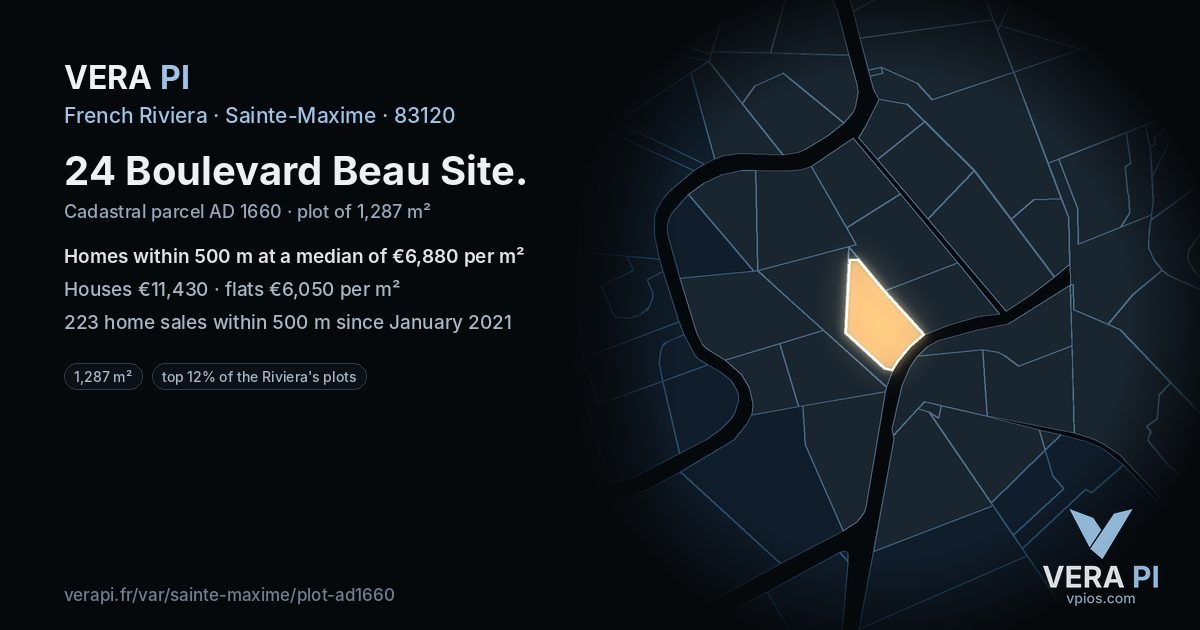 24 Boulevard Beau Site, Sainte-Maxime at night – the plot lit, the parcels around coloured by the prices near them