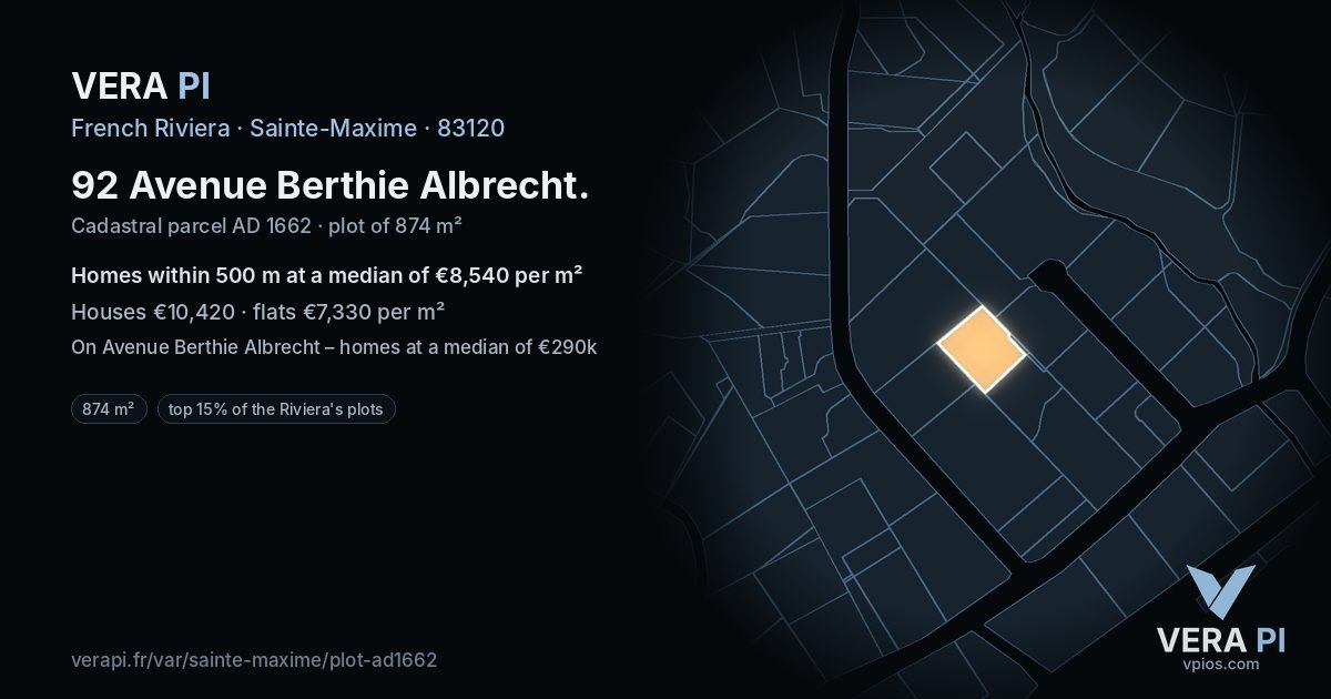 92 Avenue Berthie Albrecht, Sainte-Maxime at night – the plot lit, the parcels around coloured by the prices near them