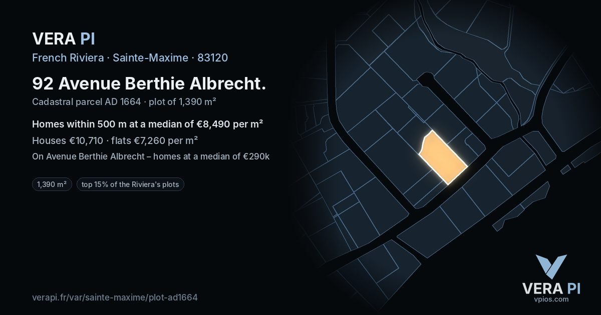 92 Avenue Berthie Albrecht, Sainte-Maxime at night – the plot lit, the parcels around coloured by the prices near them