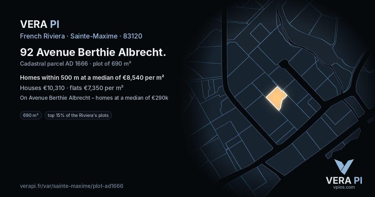 92 Avenue Berthie Albrecht, Sainte-Maxime at night – the plot lit, the parcels around coloured by the prices near them