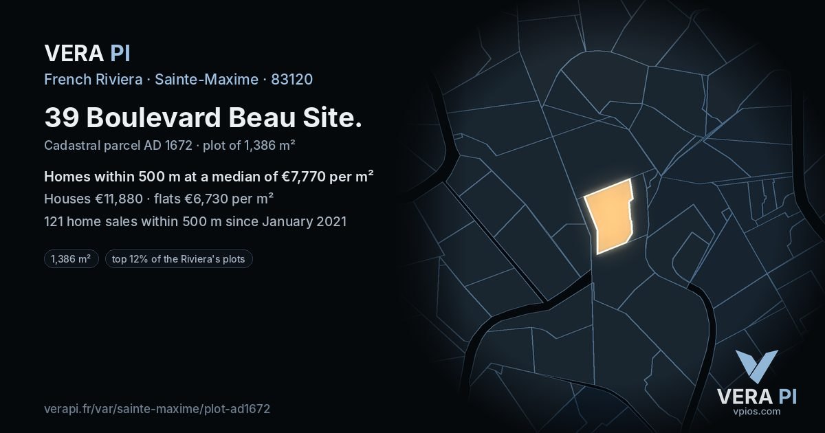 39 Boulevard Beau Site, Sainte-Maxime at night – the plot lit, the parcels around coloured by the prices near them