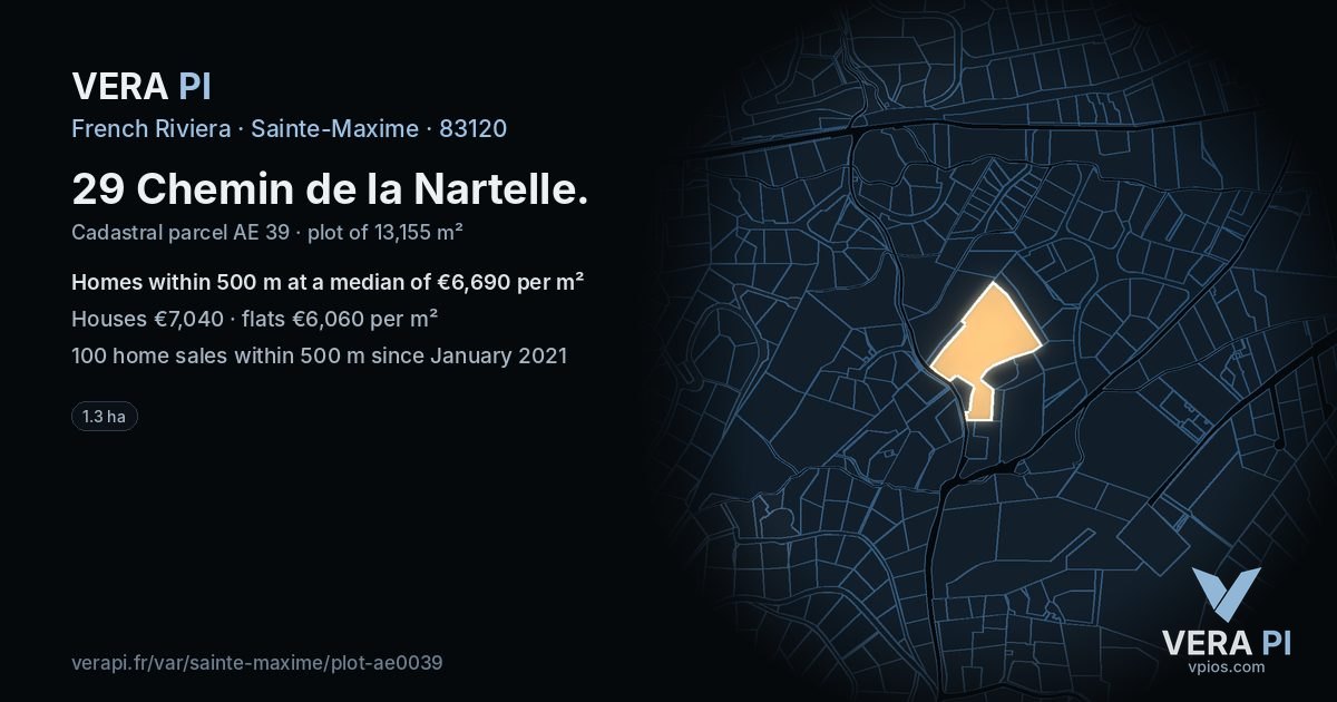 29 Chemin de la Nartelle, Sainte-Maxime at night – the plot lit, the parcels around coloured by the prices near them